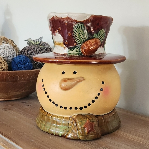 ☃️ Kirklands Bohemian Style Snowman Cookie Jar – Hand-Painted Ceramic, 9.5” - Picture 2 of 15